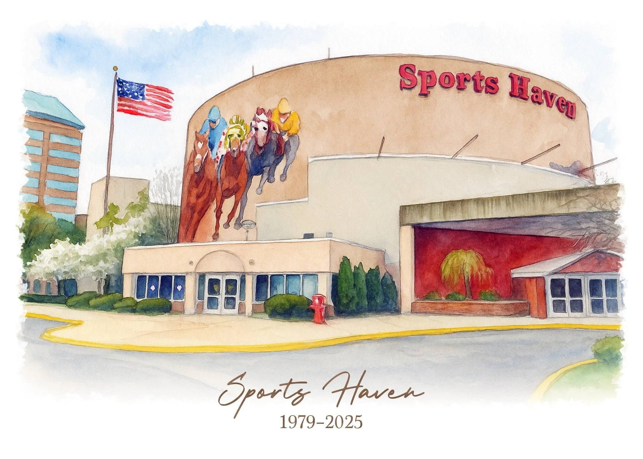 Exterior view of Sports Haven on Long Wharf Drive showing the iconic curved facade before closure.