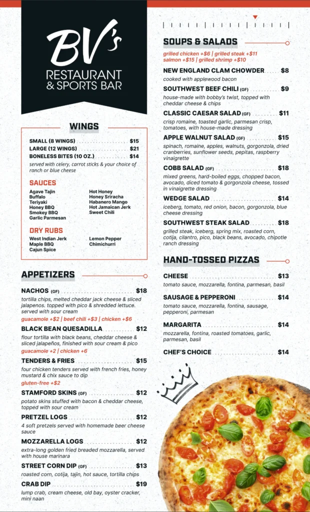 Bobby V’s Restaurant & Sports Bar Stamford menu, featuring the food and drinks served alongside racing and sports betting at 268 Atlantic Street