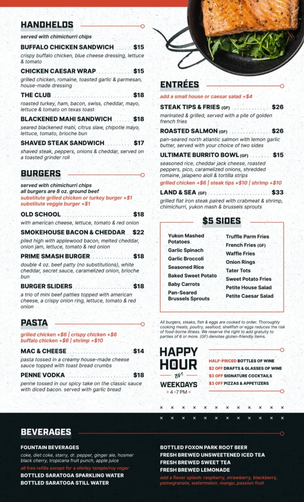 Food and drink menu at Bobby V’s Stamford, the Connecticut sports bar where you can bet on horse racing with MyWinners