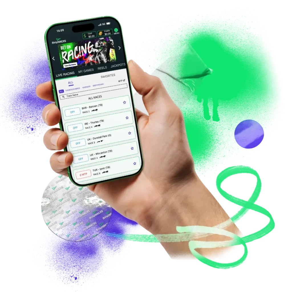 The MyWinners app live racing lobby on a phone