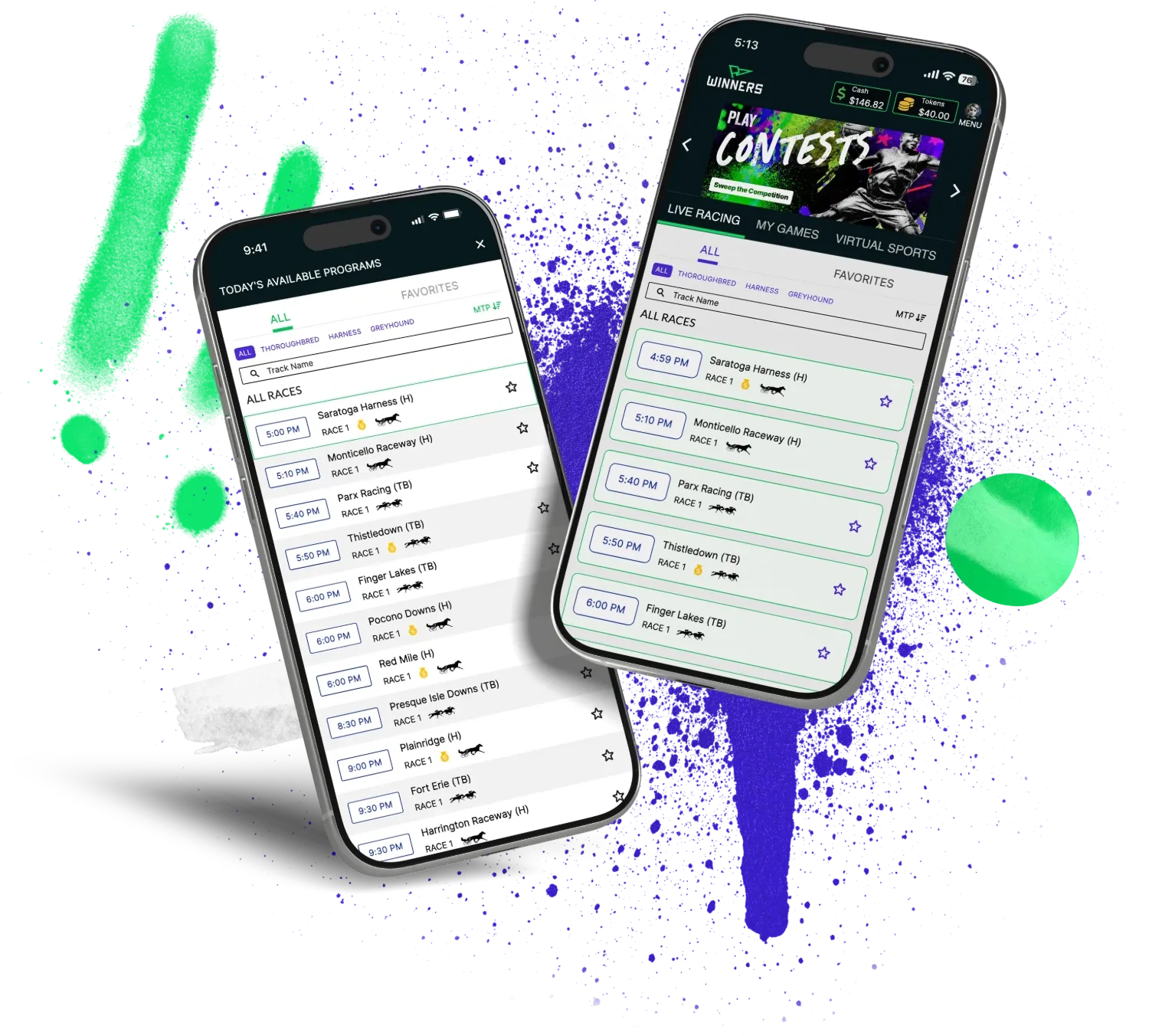 MyWinners app screens: live racing programs and contests