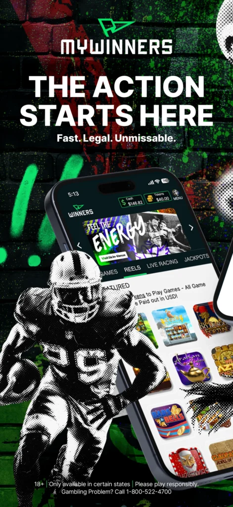 The MyWinners app home screen — fast, legal betting on racing, games and jackpots
