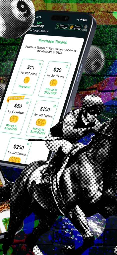 The MyWinners app token purchase screen, with bundles from $10 to $250
