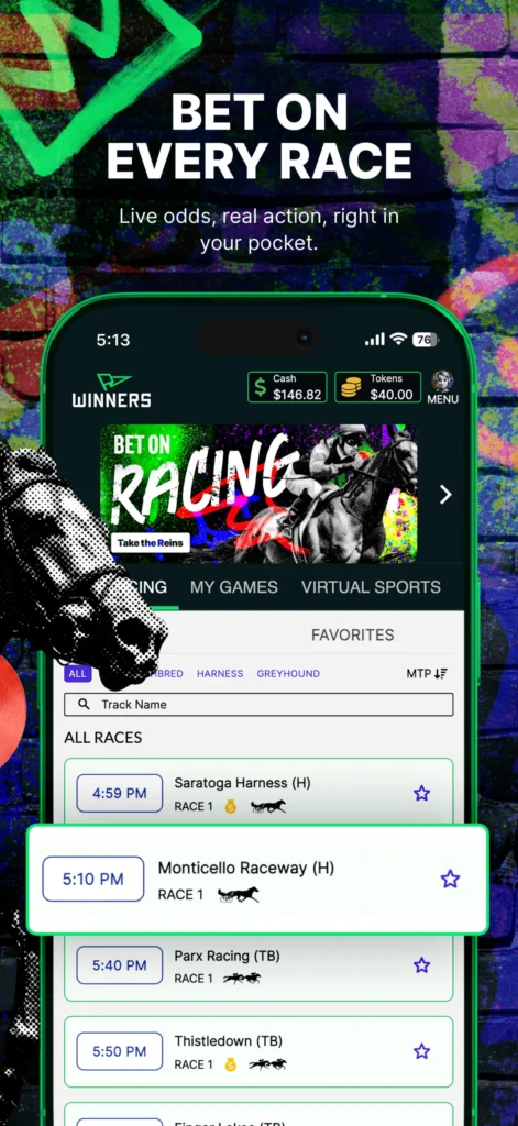 The MyWinners app showing live horse racing meetings and start times — bet on every race