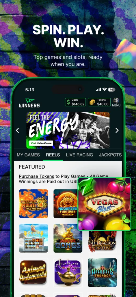 The MyWinners app showing featured slots and casino games — spin, play, win
