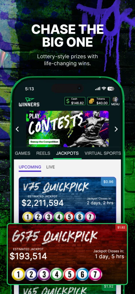 The MyWinners app showing lottery-style jackpot draws and estimated prize pots — chase the big one