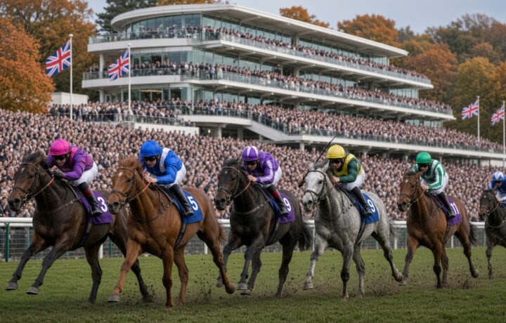 British Champions Day at Ascot, runners racing up the straight
