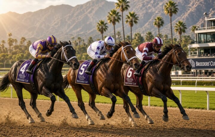 Breeders' Cup 2026 at Keeneland with horses racing down the stretch.