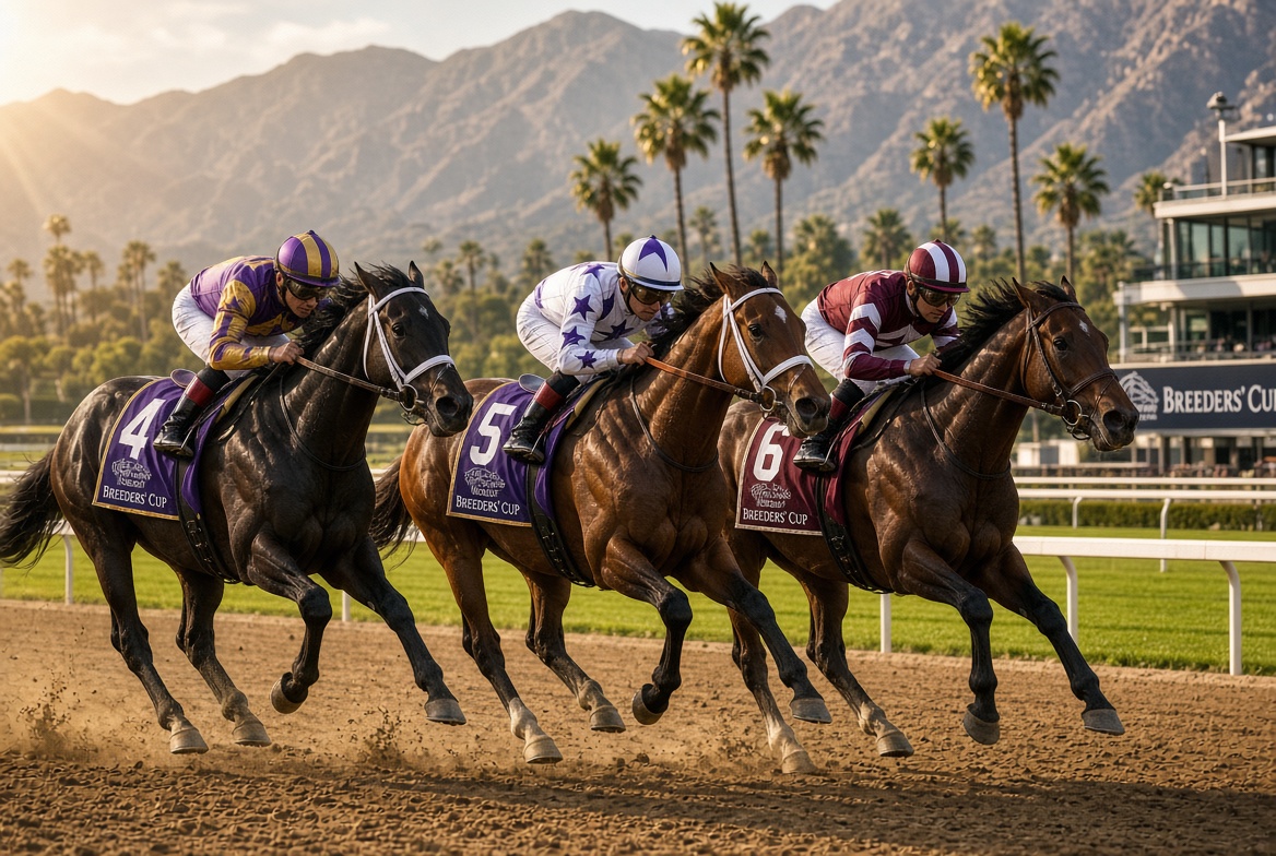 Breeders' Cup 2026 at Keeneland with horses racing down the stretch.