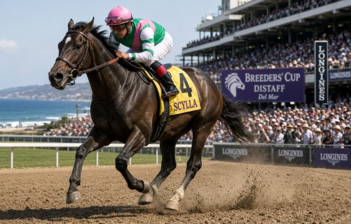 Nitrogen, favorite for the Breeders' Cup Distaff 2026, winning the Beldame at Belmont Park
