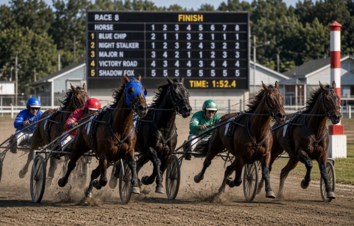 Breeders Crown eliminations: harness horses racing under the lights at Scioto Downs