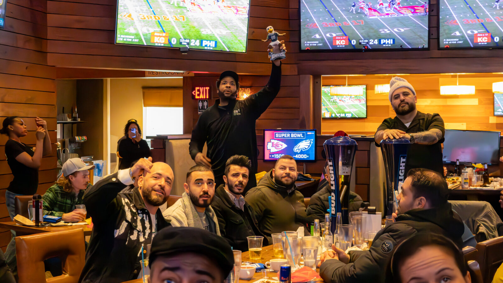 Fans at our Super Bowl party Stamford at Bobby V’s for Super Bowl LX