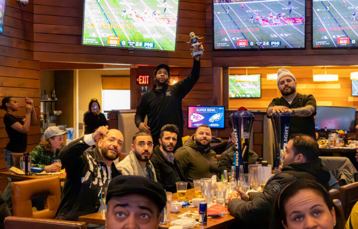 Fans at our Super Bowl party Stamford at Bobby V’s for Super Bowl LX