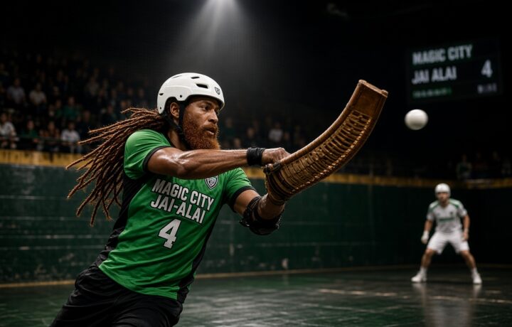 Jai alai rules in action as a player throws the pelota at the front wall.