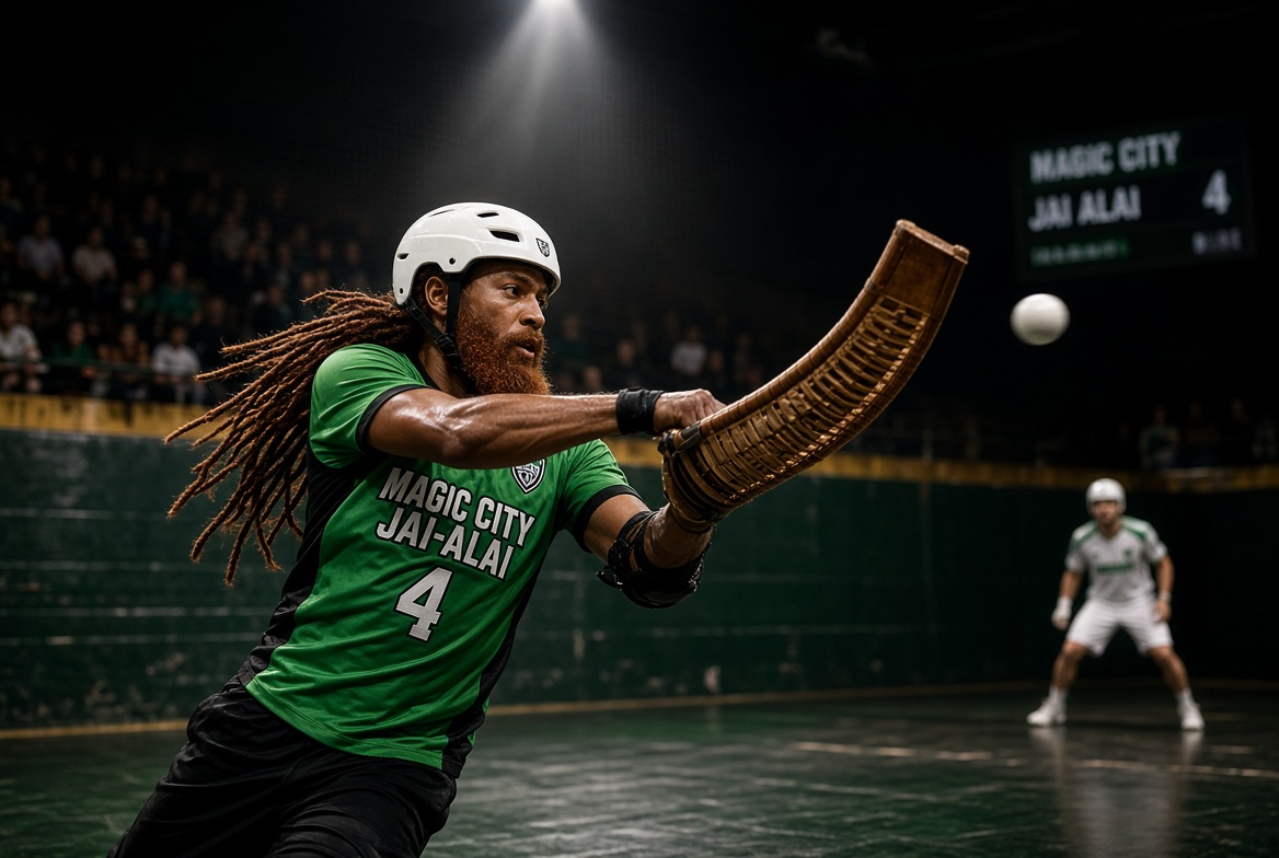 Jai alai rules in action as a player throws the pelota at the front wall.